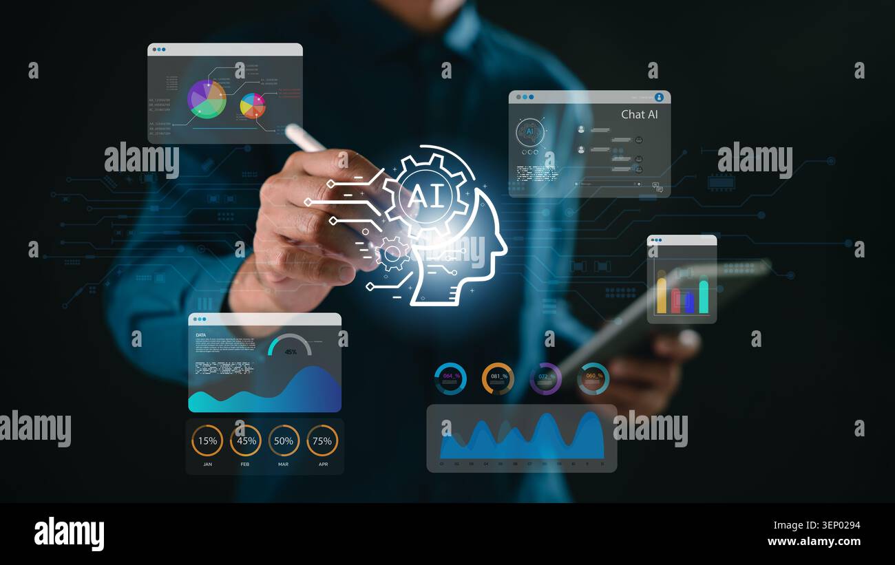 AI Chatbot system uses smart artificial intelligence technology interface, while expert with digital stylus processes data visualization using robot a Stock Photo