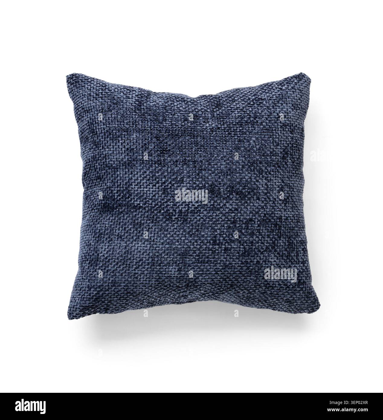Comfortable dark blue woven fabric throw pillow for home decor and interior design isolated on white background, the pillow features a textured surfac Stock Photo