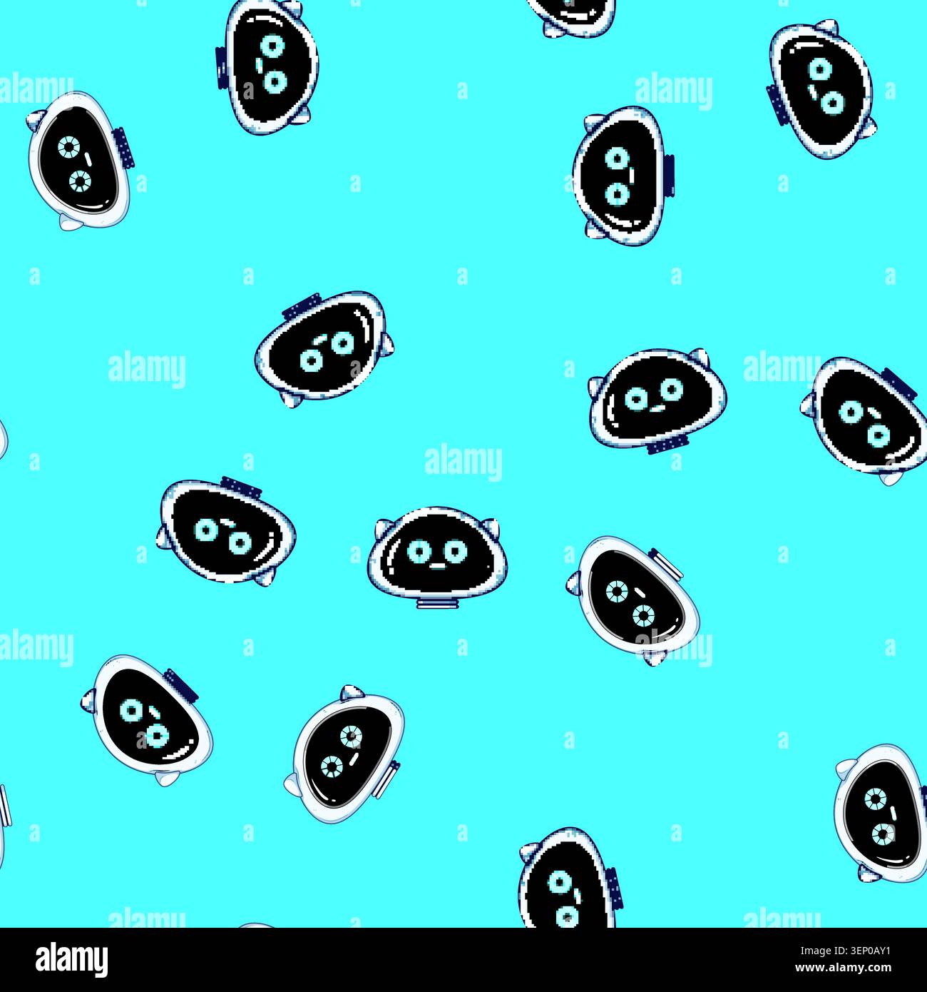 seamless pattern Digital illustration showing a cute robot character head displaying friendly emotions, representing artificial intelligence, technolo Stock Vector