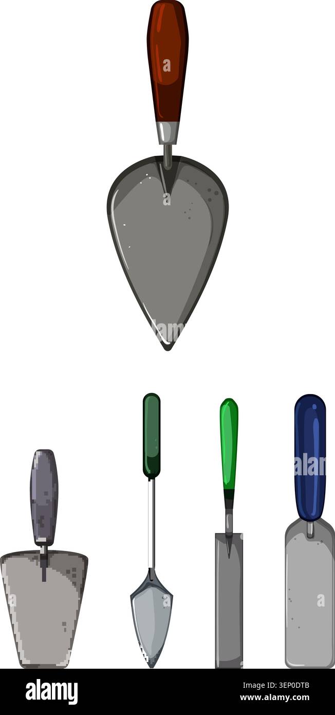 Assorted hand trowels with varied blade shapes and colorful handles laid out on white background, ideal for gardening, planting, landscaping, masonry Stock Vector
