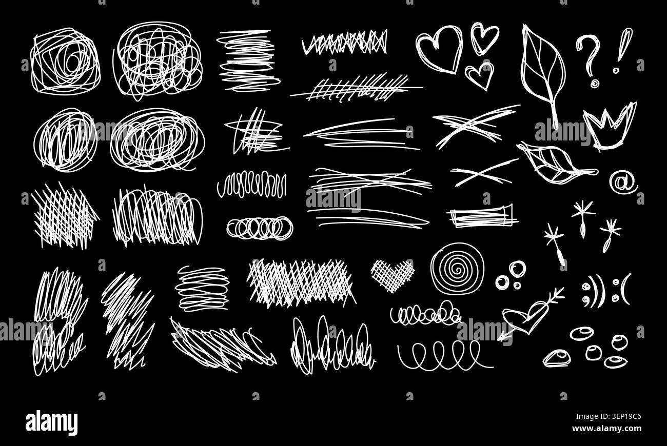 Pen doodles and scribbles form chaotic handwritten textures vector illustration set. Stock Vector