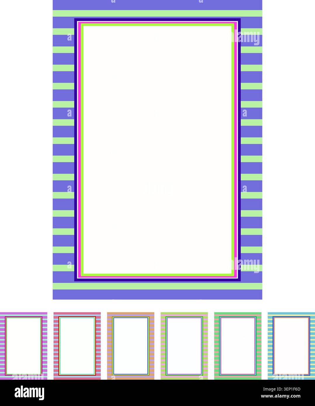 Abstract artwork featuring a blank rectangular frame with multiple colorful striped borders, providing a versatile template for invitations, greetings Stock Vector