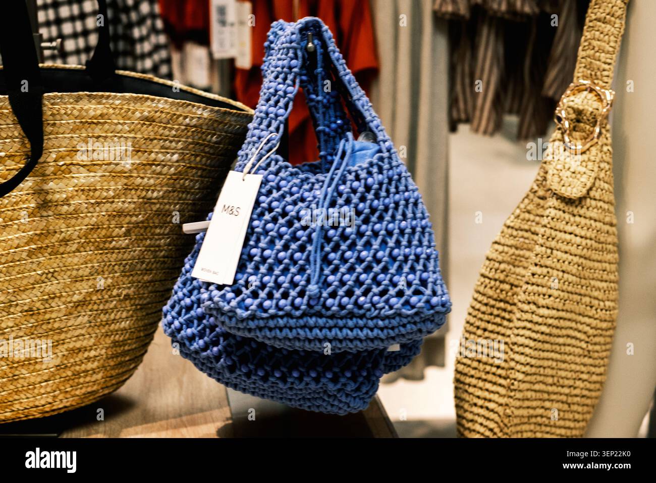 Epsom London, June 13 2026, Selection of Trending Womens or Ladies Summer Woven Fashionable Hand Bags With No People Stock Photo