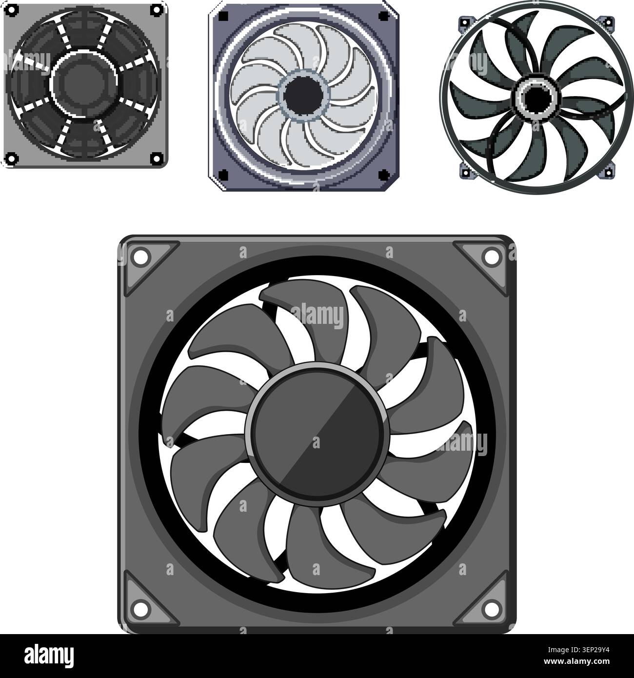 Diverse collection of technical computing fans illustrating essential components for processor cooling and maintaining optimal temperature within mode Stock Vector