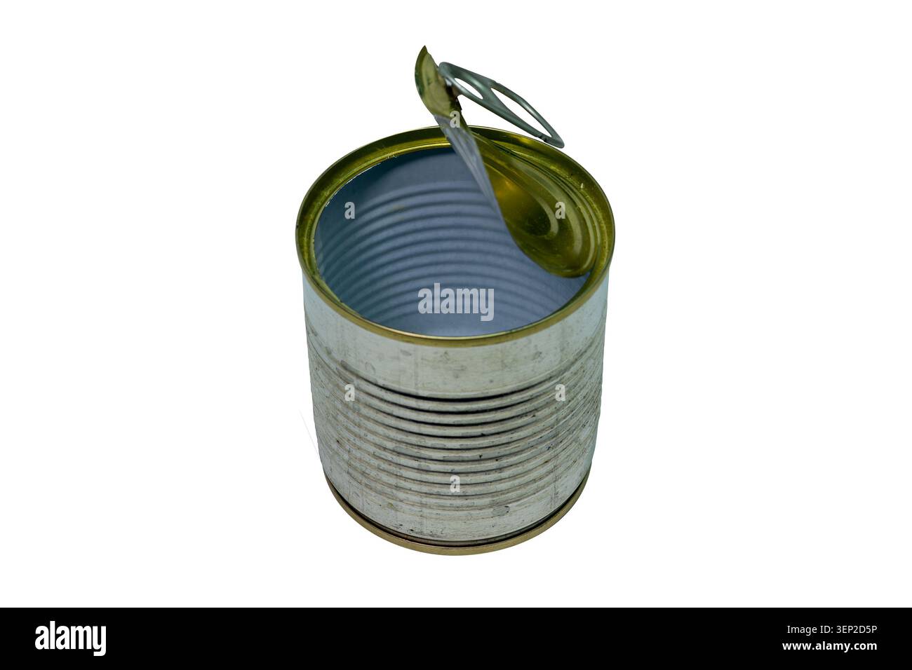 dirty opened tin can isolated on white background Stock Photo