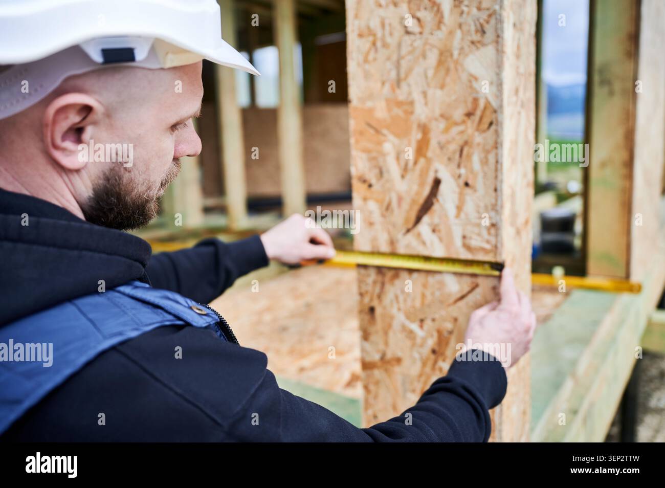 Construction professional checking dimensions of window or door opening in wooden panel, inspecting placement and build precision Stock Photo