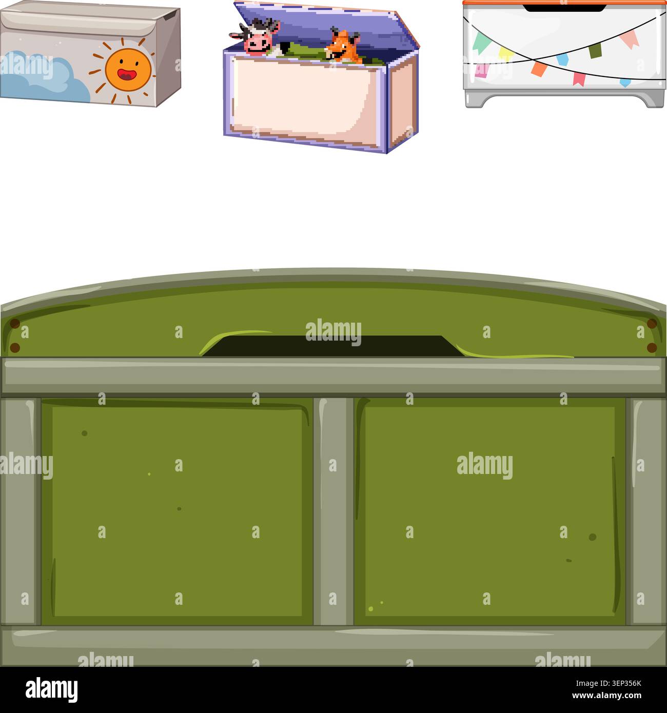 Different types of containers designed for children's playthings, featuring an open chest with stuffed animals and closed boxes with cheerful decor, h Stock Vector