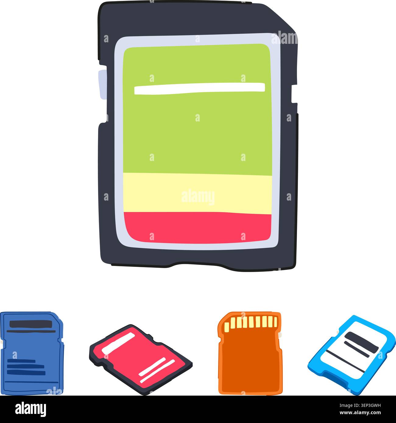 Collection of colorful sd and microsd memory cards in various sizes and colors on white background, symbolizing portable digital storage, data transfe Stock Vector