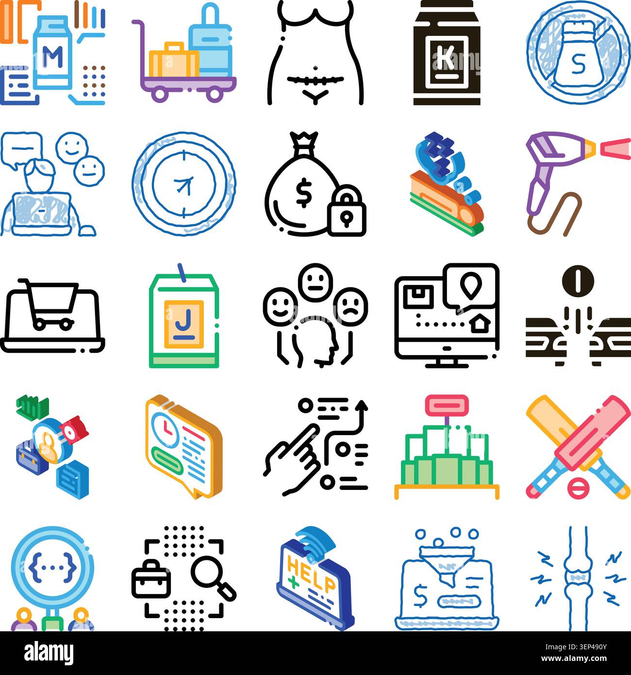 Diverse collection of linear icons representing various concepts including commerce, logistics, health, customer service, business strategies, data an Stock Vector