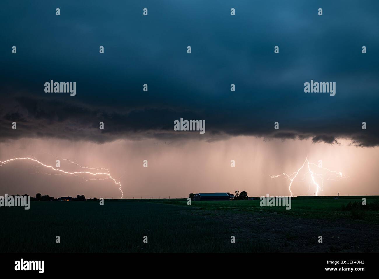 Dramatic lightnings strike over rural field under dark thunderstorm clouds at dusk Stock Photo