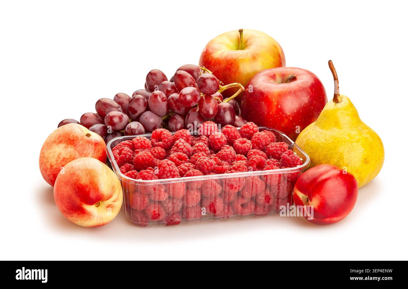 raspberry fruit mix path isolated on white Stock Photo