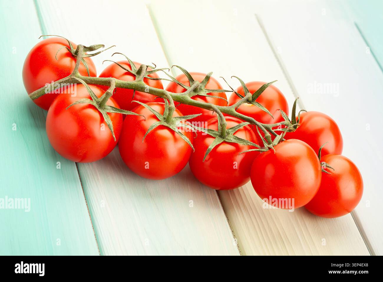 cherry tomato branch on blue wood background Stock Photo