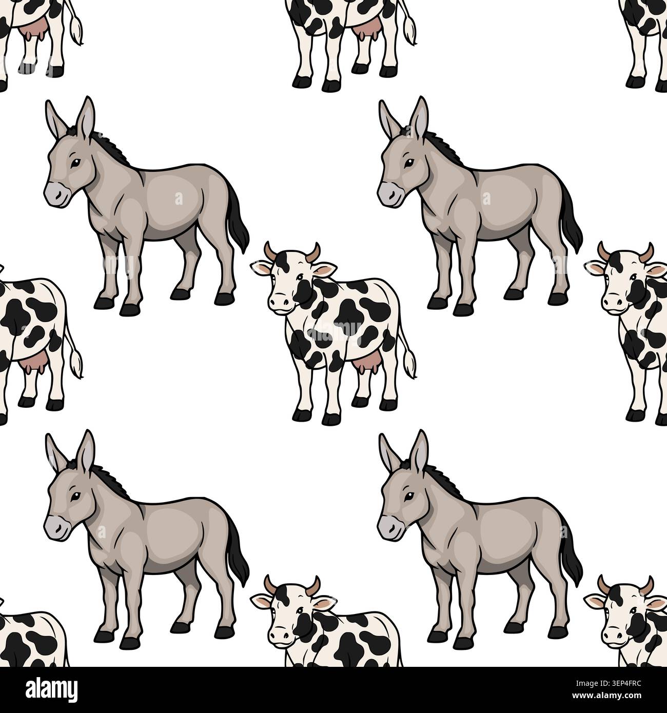 Charming farm animal vector pattern with cows and donkeys on white background Stock Vector