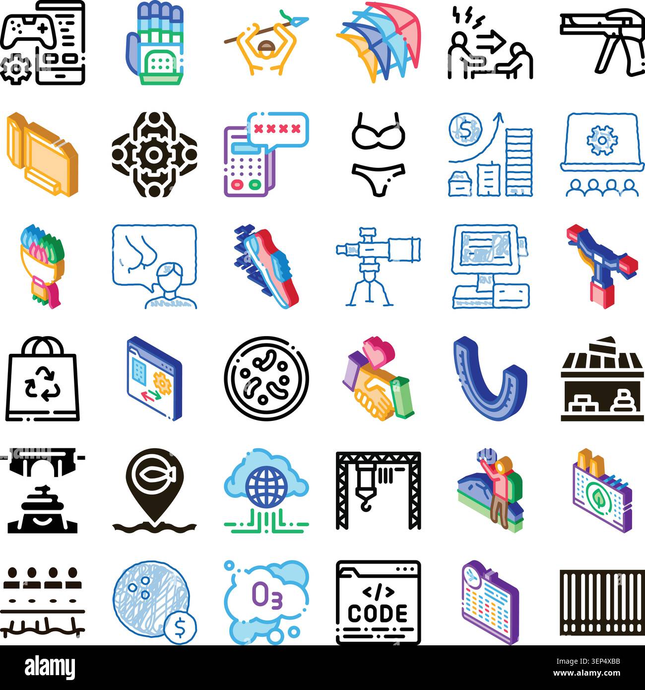 Colorful outline icon set illustrating technology, finance, medicine, ecology, construction, security and entertainment concepts for web, apps, busine Stock Vector