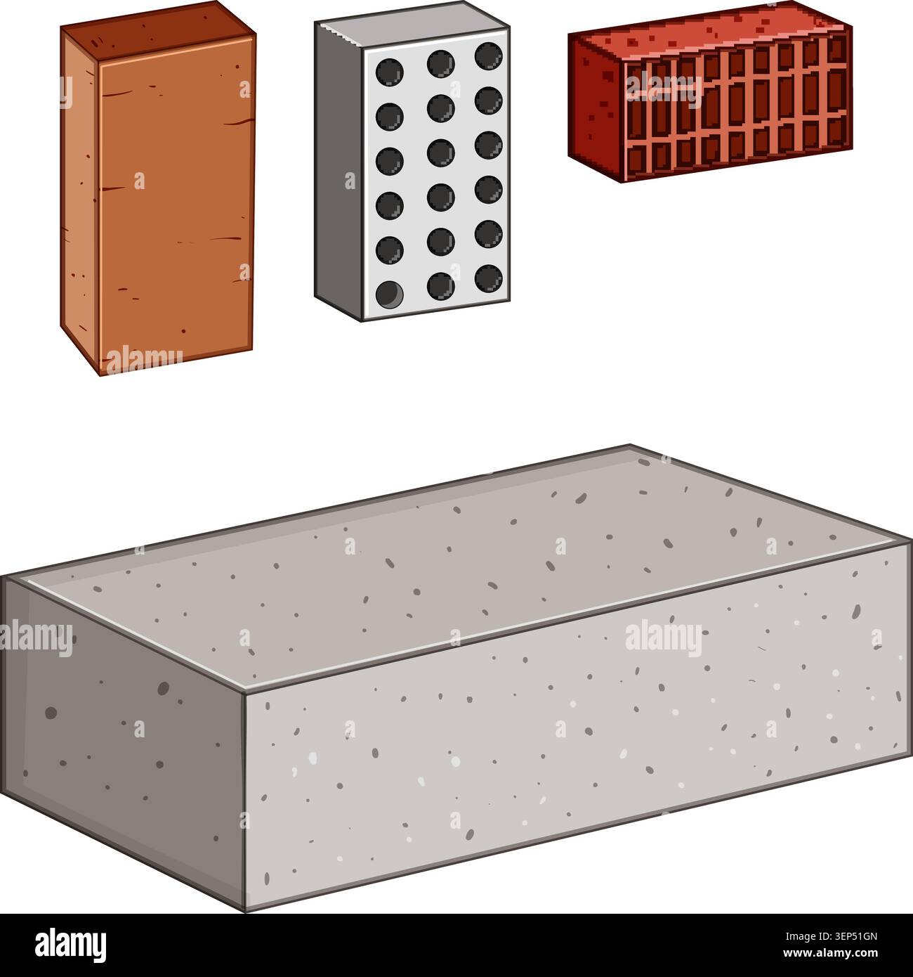 Different building materials like solid and perforated clay bricks alongside a durable concrete block, representing construction, infrastructure, and Stock Vector