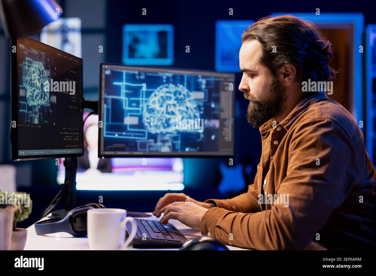 Admin using computer for artificial intelligence computing simulating human brain through self learning algorithms while employee working with AI deep neural networks on desktop PC. Stock Photo