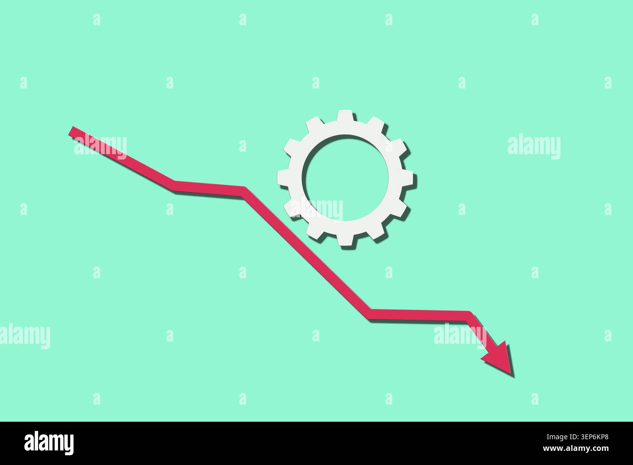 A red line points downward on a blue background with a gear icon near the drop. This shows a decrease in production or performance over time. Stock Photo