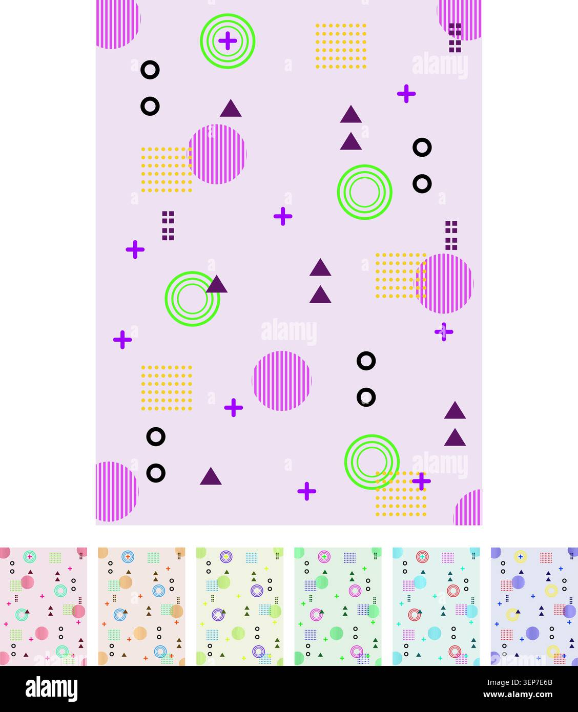 Abstract seamless pattern creating a dynamic visual, combining various geometric shapes like circles, squares, triangles, and crosses in a retro 80s n Stock Vector