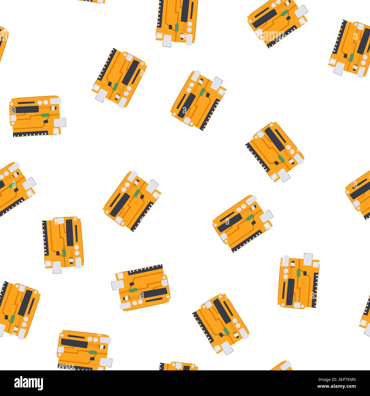 pattern computer microcontroller cartoon. semiconductor processor, microchip arduino, abstract pcb computer microcontroller sign. seamless symbol vect Stock Vector