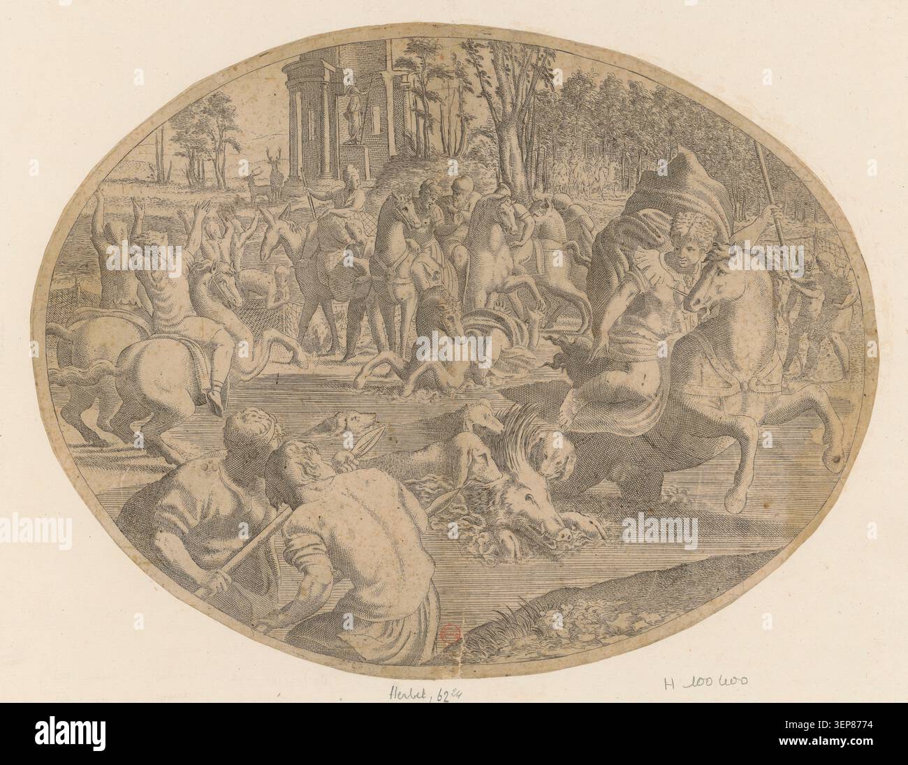 Hunting Renaissance Scene Engraving attributed to Léon Davent dated 1547 depicts a young man ...