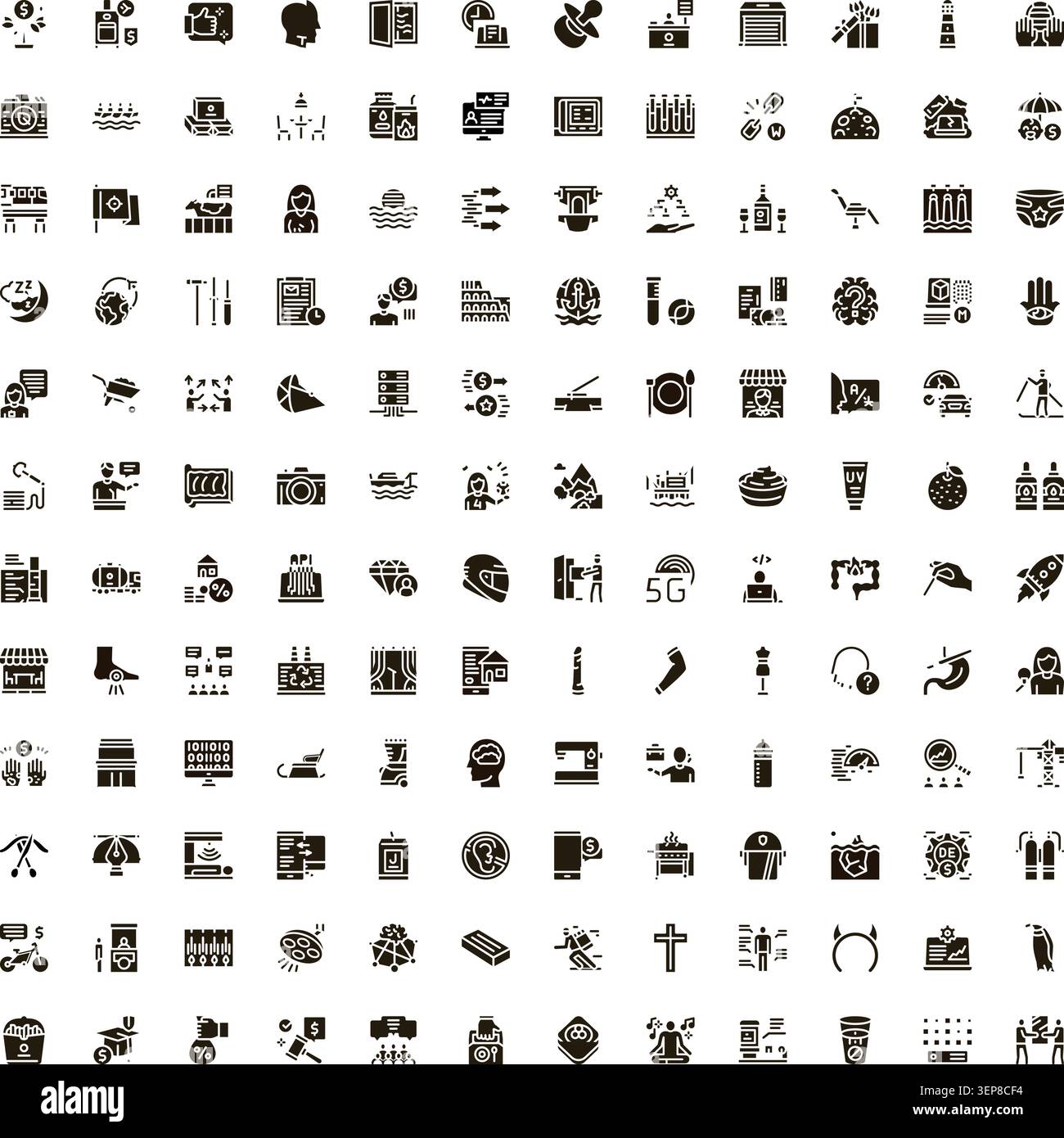 Various minimalist solid black icons representing concepts across business, finance, technology, travel, food, sports, and everyday life for diverse d Stock Vector