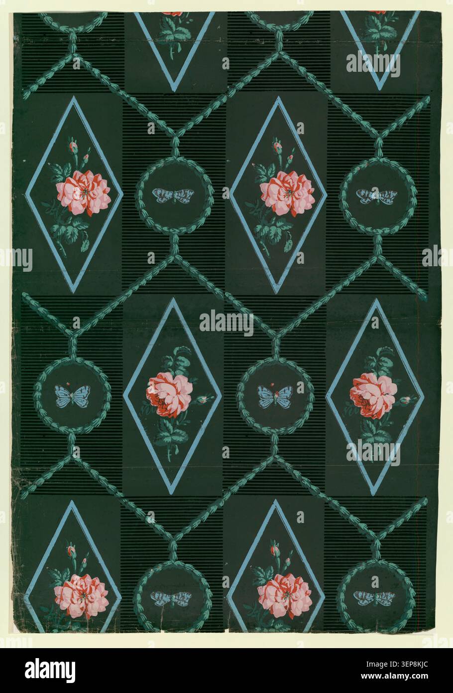 Dubuisson creates a repeating wallpaper design featuring roses arranged in diamond patterns and butterflies enclosed in circular motifs, separated by stylized foliage festoons in an 1800 decorative composition. Stock Photo