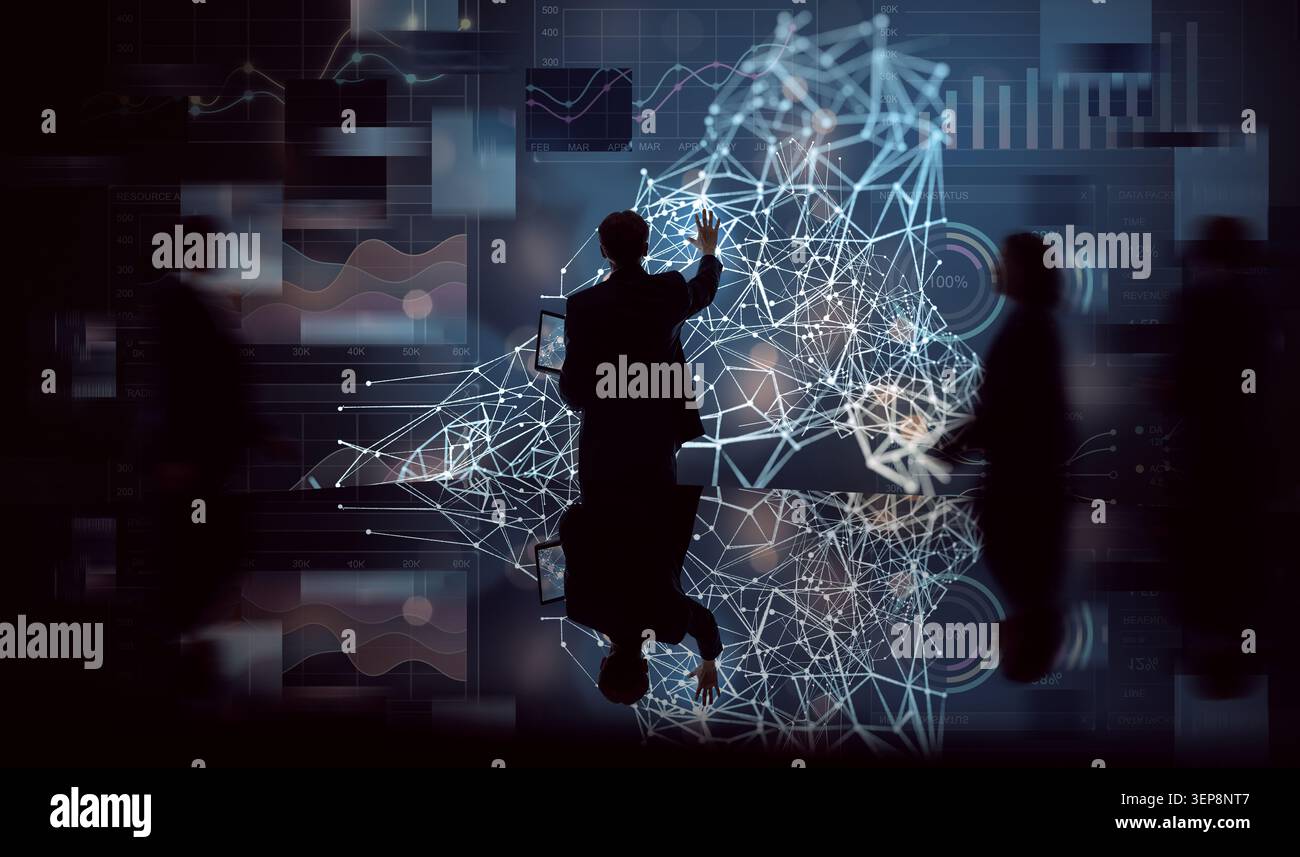 A visionary businessman engages with a dynamic, futuristic digital interface displaying complex data visualizations, network diagrams, and analytics. Stock Photo