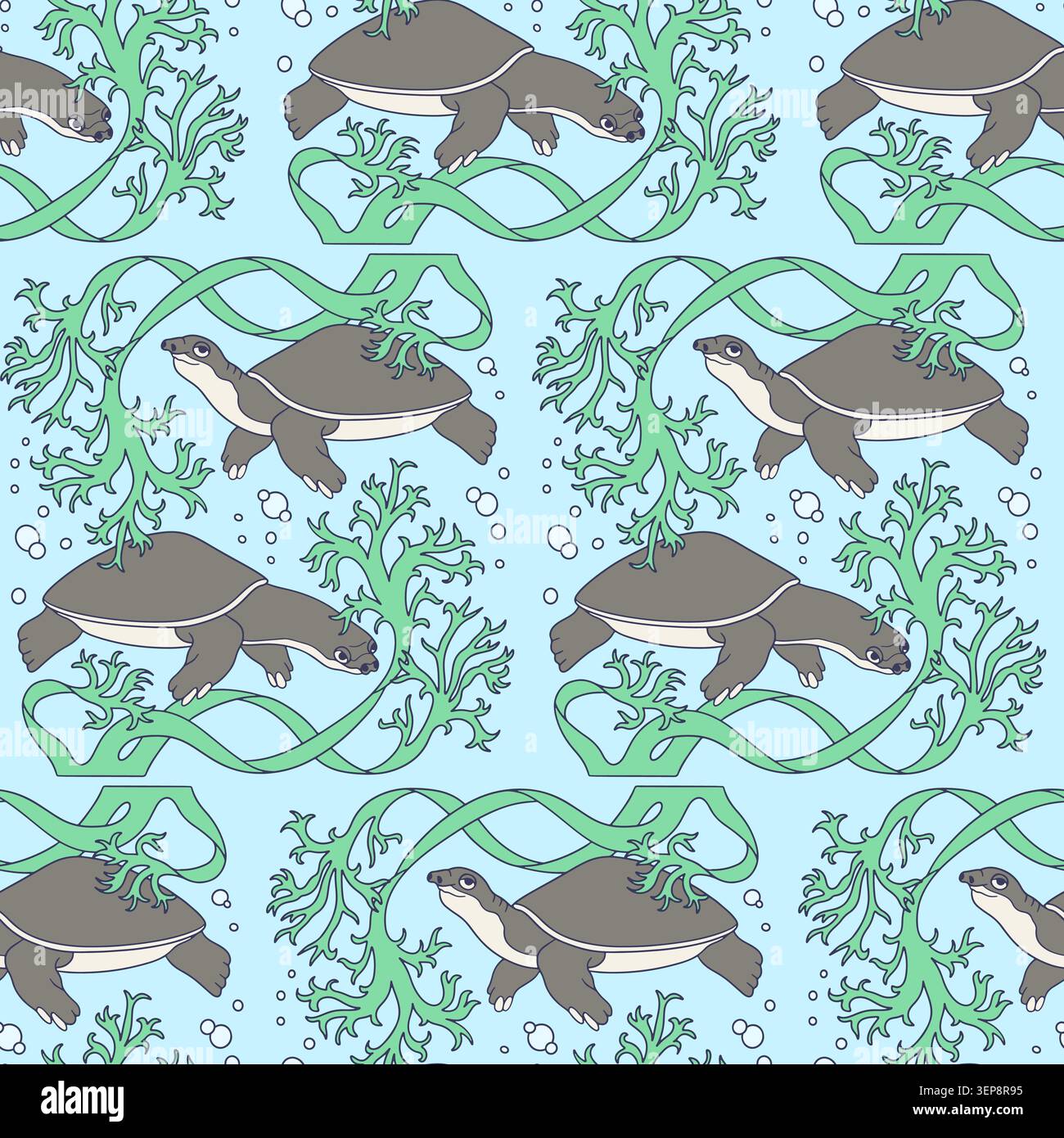 Cute sea turtles and algae coastal seamless pattern vector illustration Stock Vector