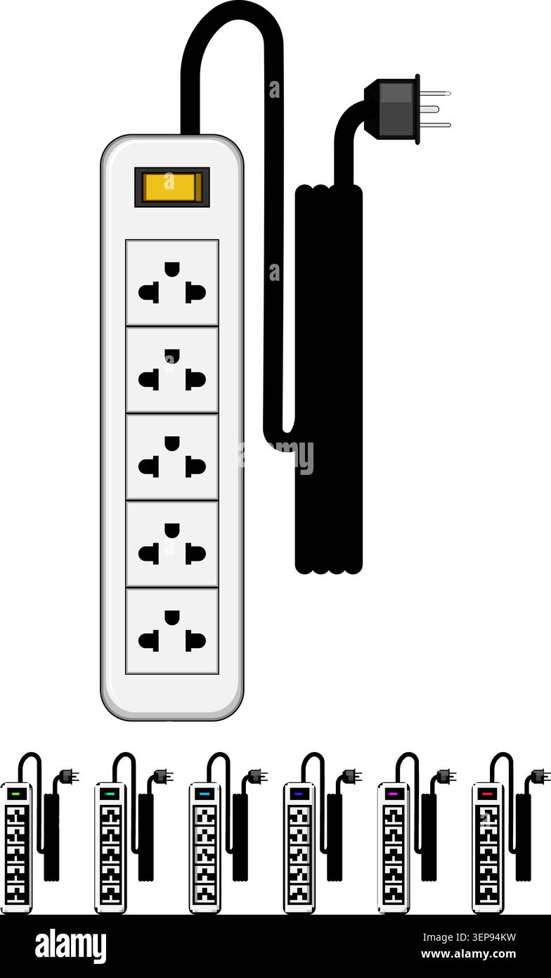 Power strip providing multiple electrical outlets, featuring a master switch for convenient control and distributing electricity to various electronic Stock Vector