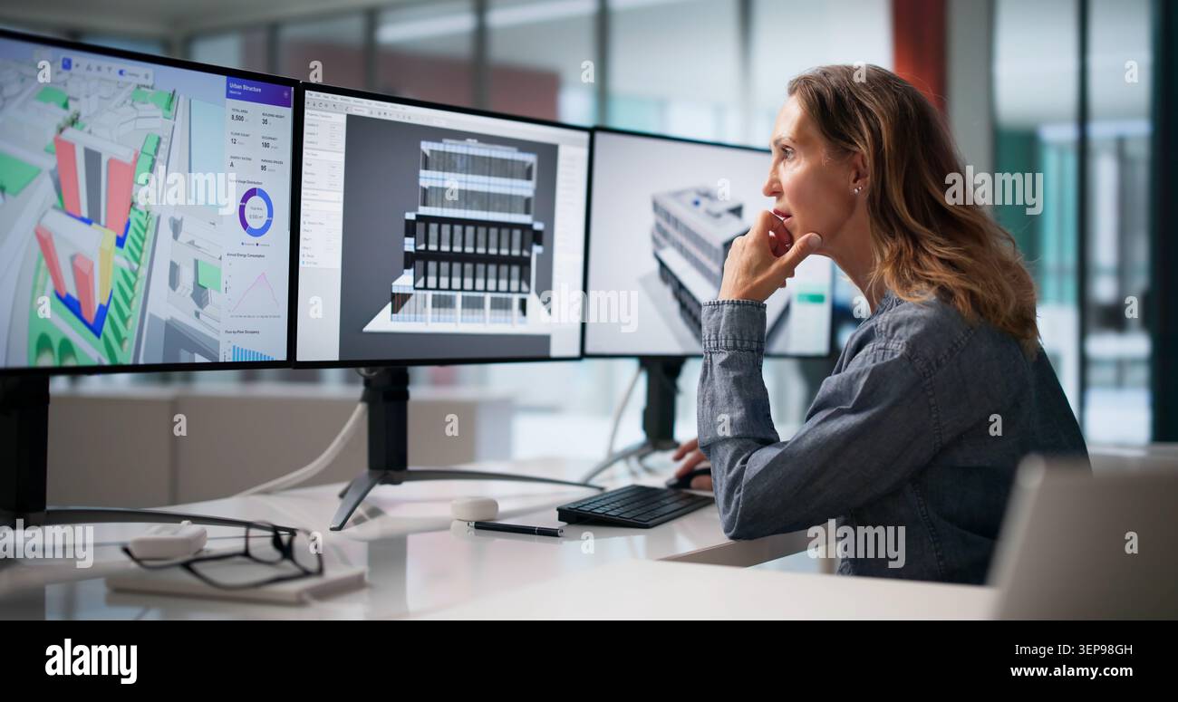 Experienced Architect Studies 3D City Model On Multiple Computer Screens. Stock Photo