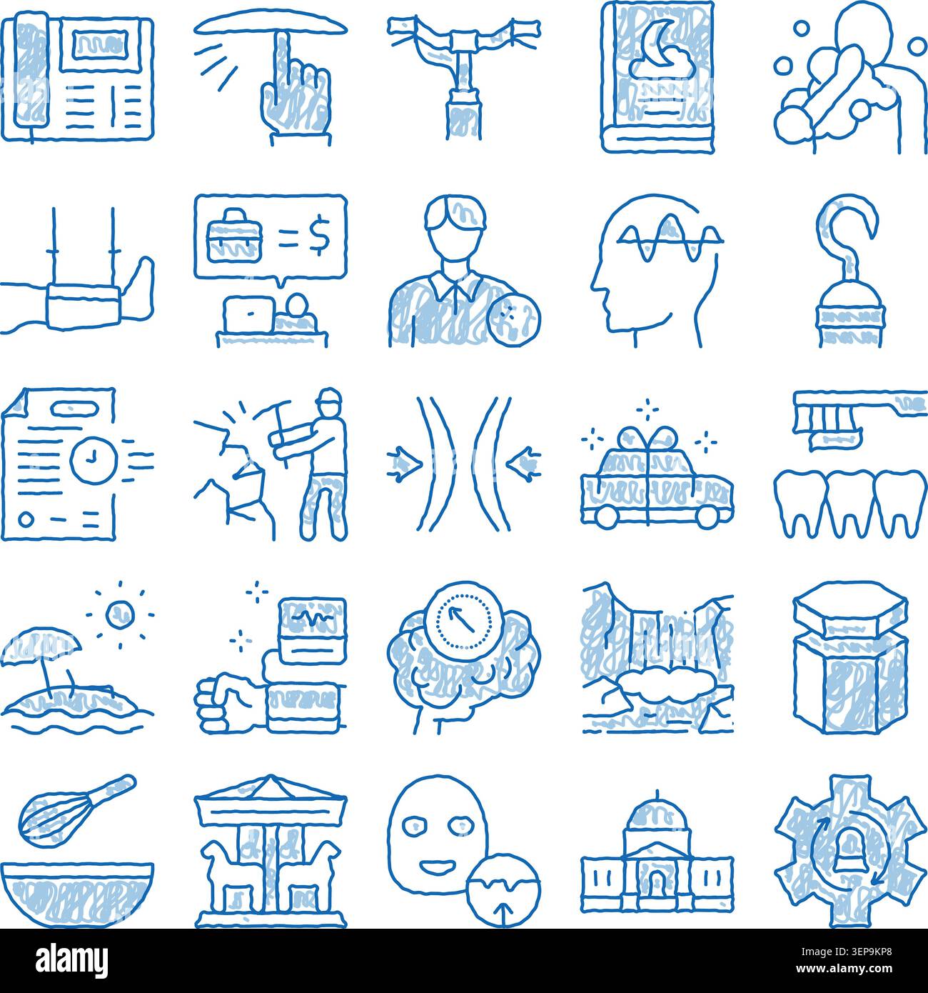 Hand drawn blue sketch style doodle icons set depicting various lifestyle and business symbols, representing concepts like communication, education, h Stock Vector