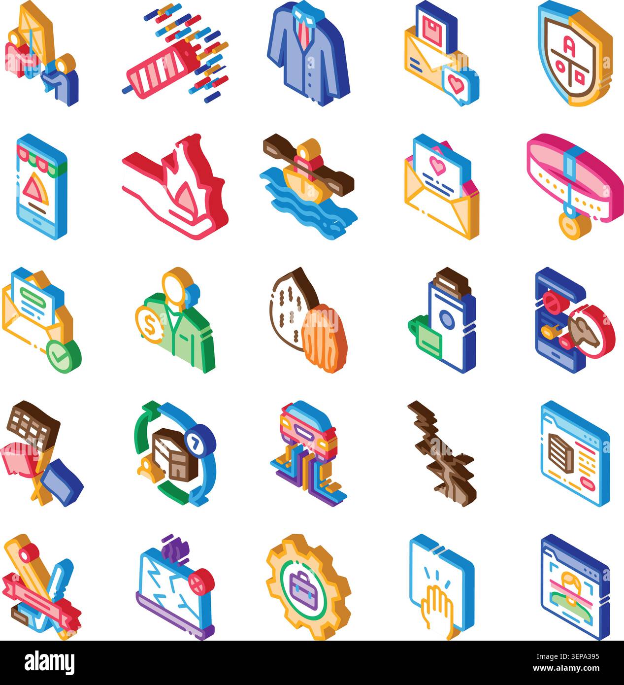 Flat isometric icon set featuring colorful business, finance, technology, communication, service and nature concepts for apps, uiux, infographics, mar Stock Vector