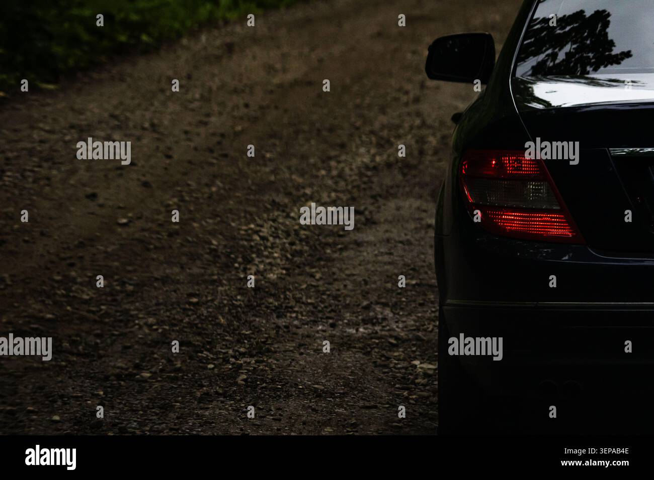 Right taillight of a dark sedan glows beside a winding gravel path through dense woods with wet pebbles scattered on the surface creating a moody trav Stock Photo