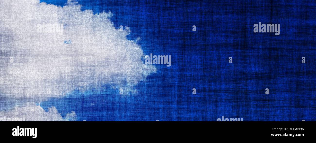 Grunge textured blue background with abstract painted cloud and rough linen pattern. Stock Photo