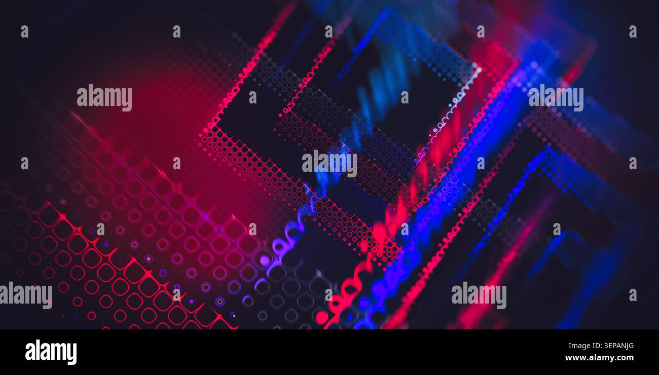 Futuristic Cyberpunk Dot Pattern with Glowing Angular Frames Stock Photo