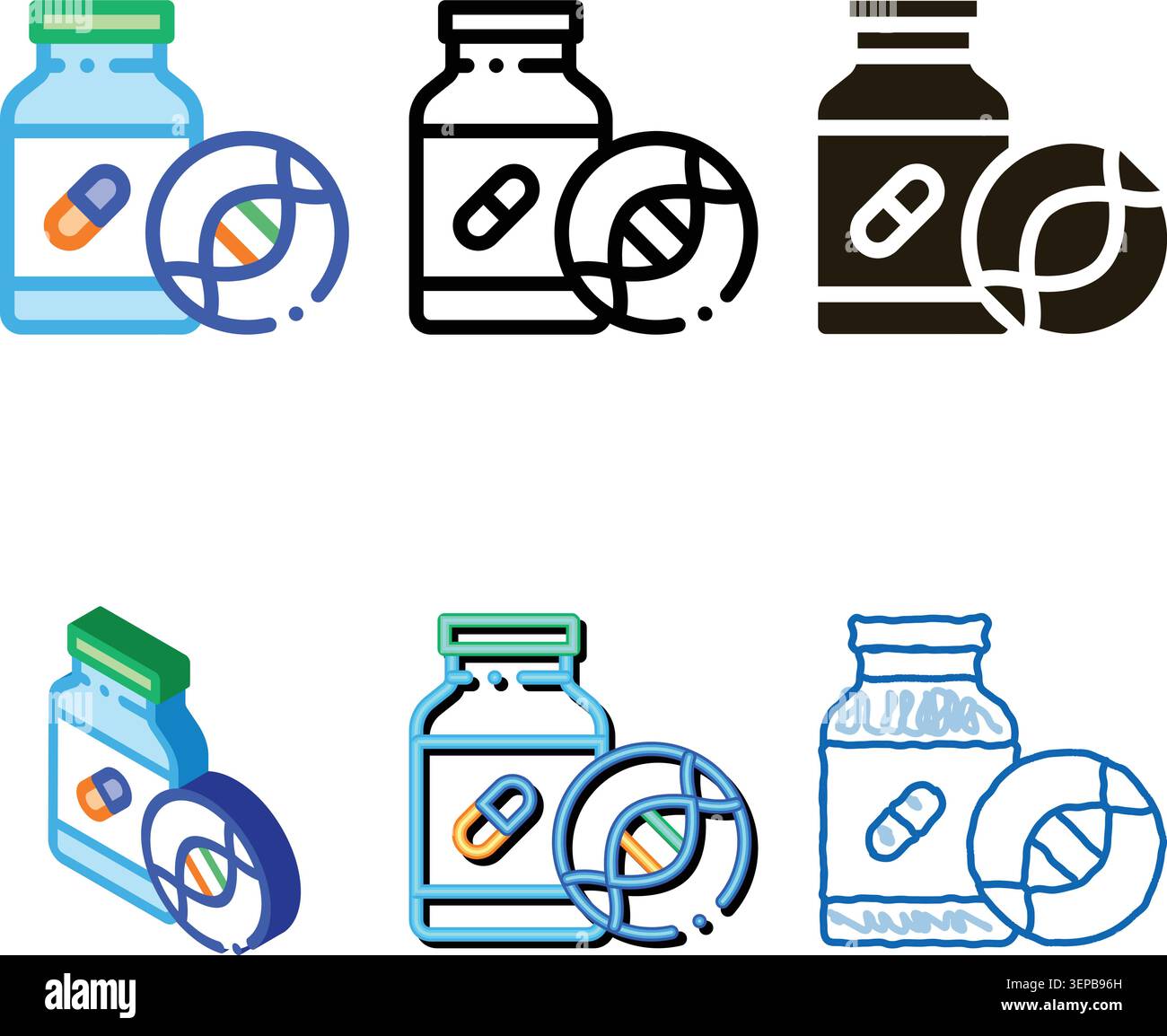 Medical Pill Bottle Biohacking Icon set Vector Thin Line. Contour Stock Vector