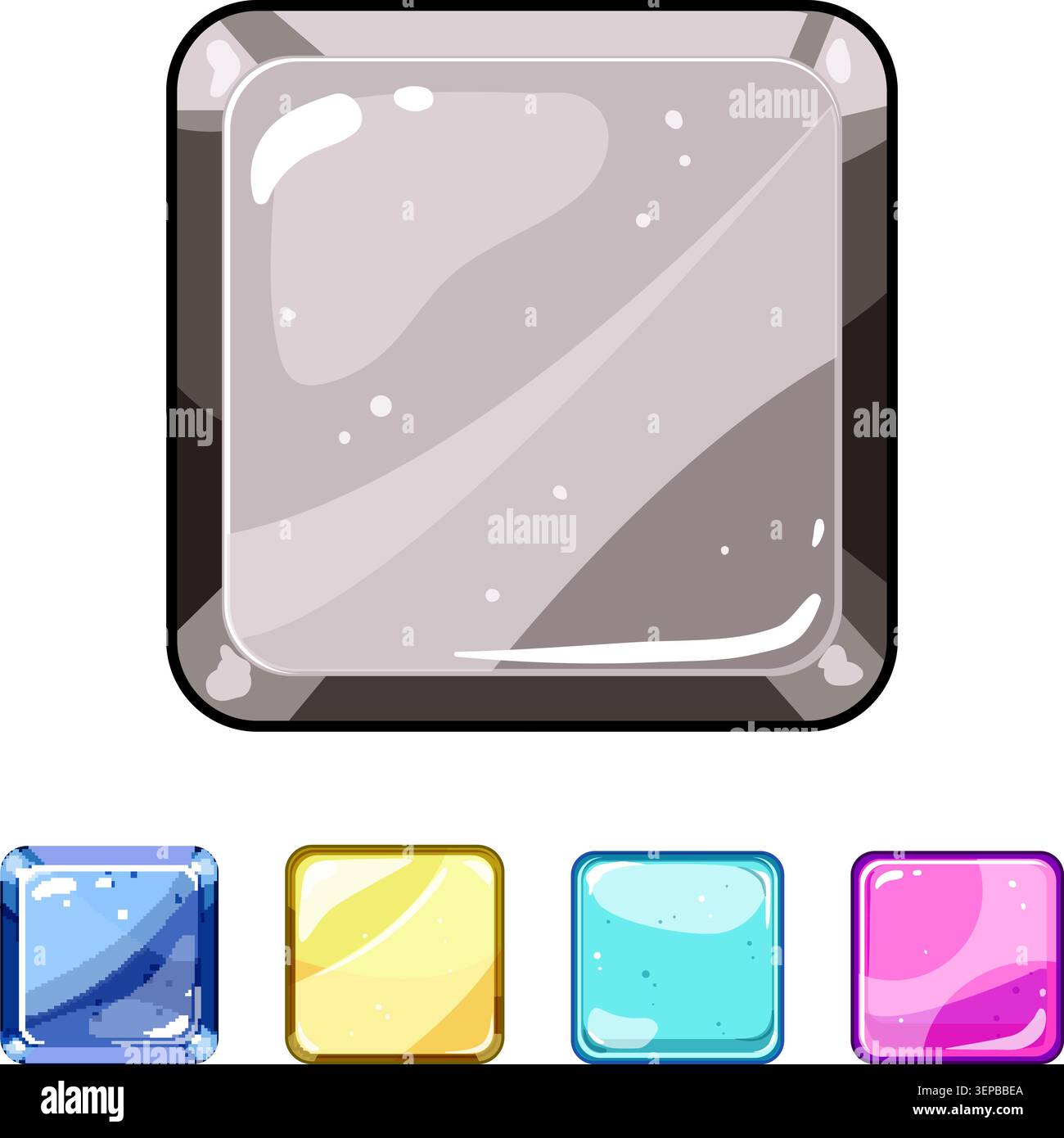 Stylized graphic user interface button elements for game development, featuring a large grey square button and four smaller versions in blue, yellow, Stock Vector