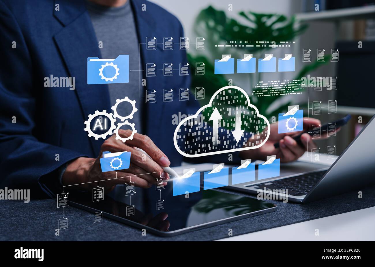Cloud computing technology and AI document management system concept. file automation system, upload data, organize online corporate files folder, Stock Photo