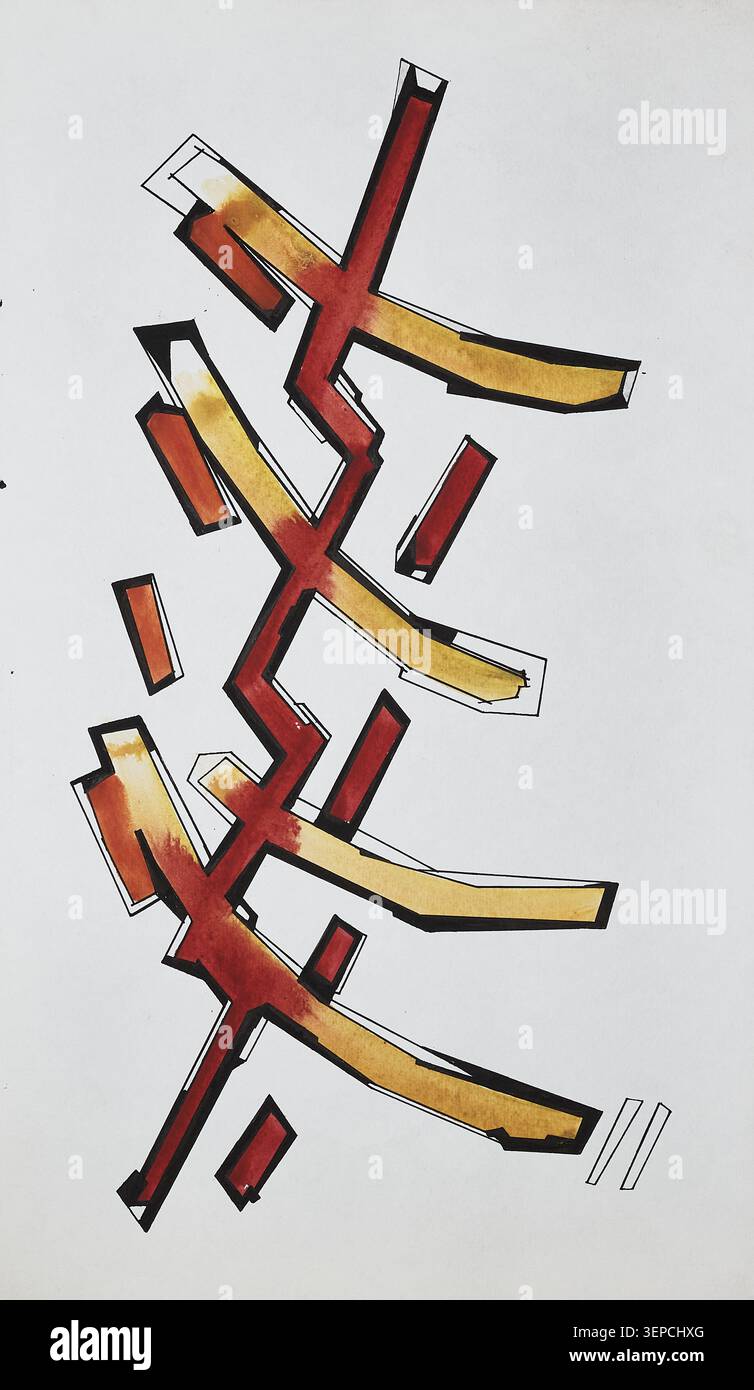 Abstract geometric artwork featuring intersecting linear forms in red and yellow tones, isolated on white background. Stock Photo