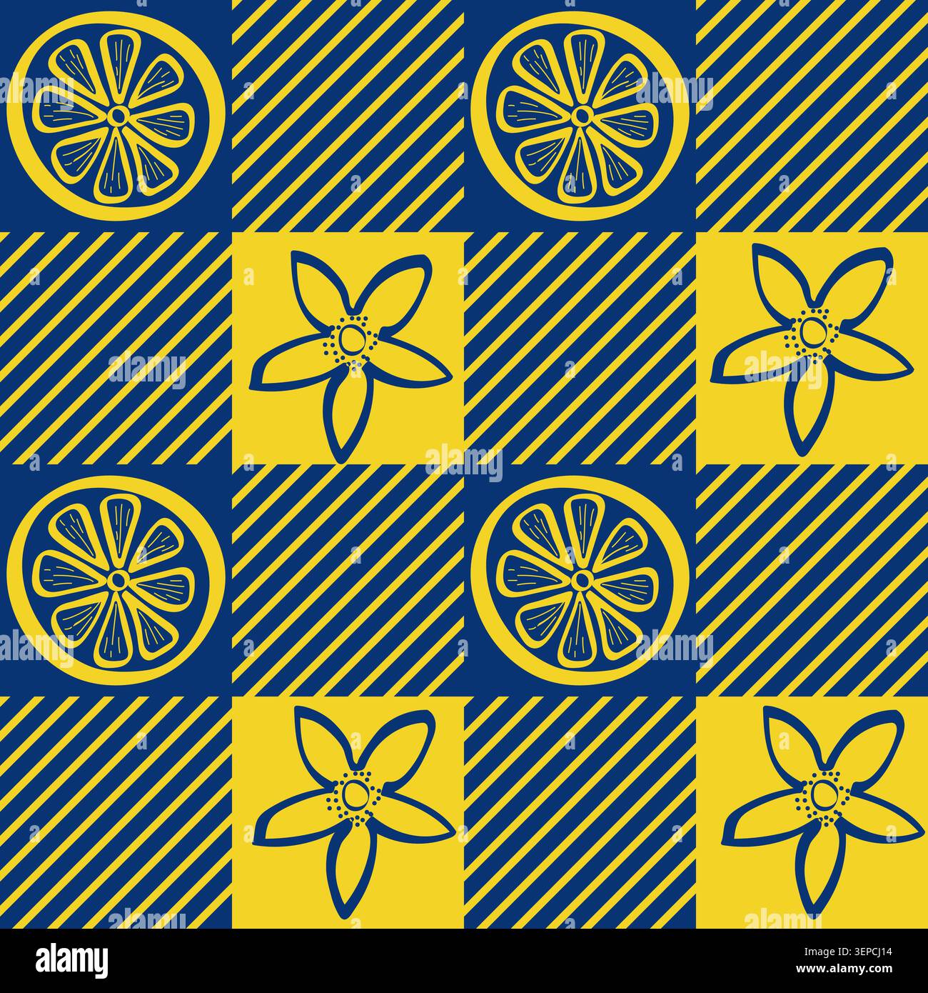 Citrus Lemon Slices Gingham Plaid Seamless Pattern Stock Vector