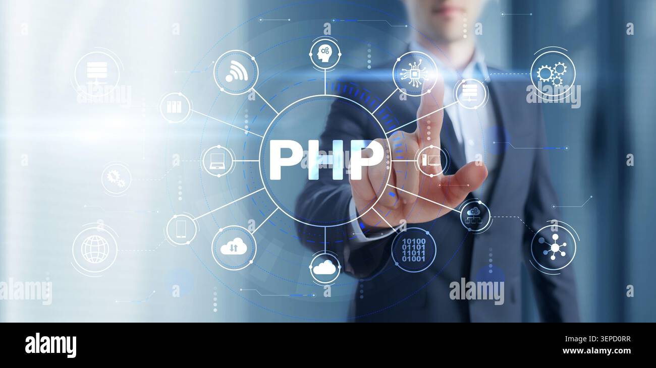 PHP hypertext preprocessor platform for server-side web development featuring interactive digital interface and network icons Stock Photo