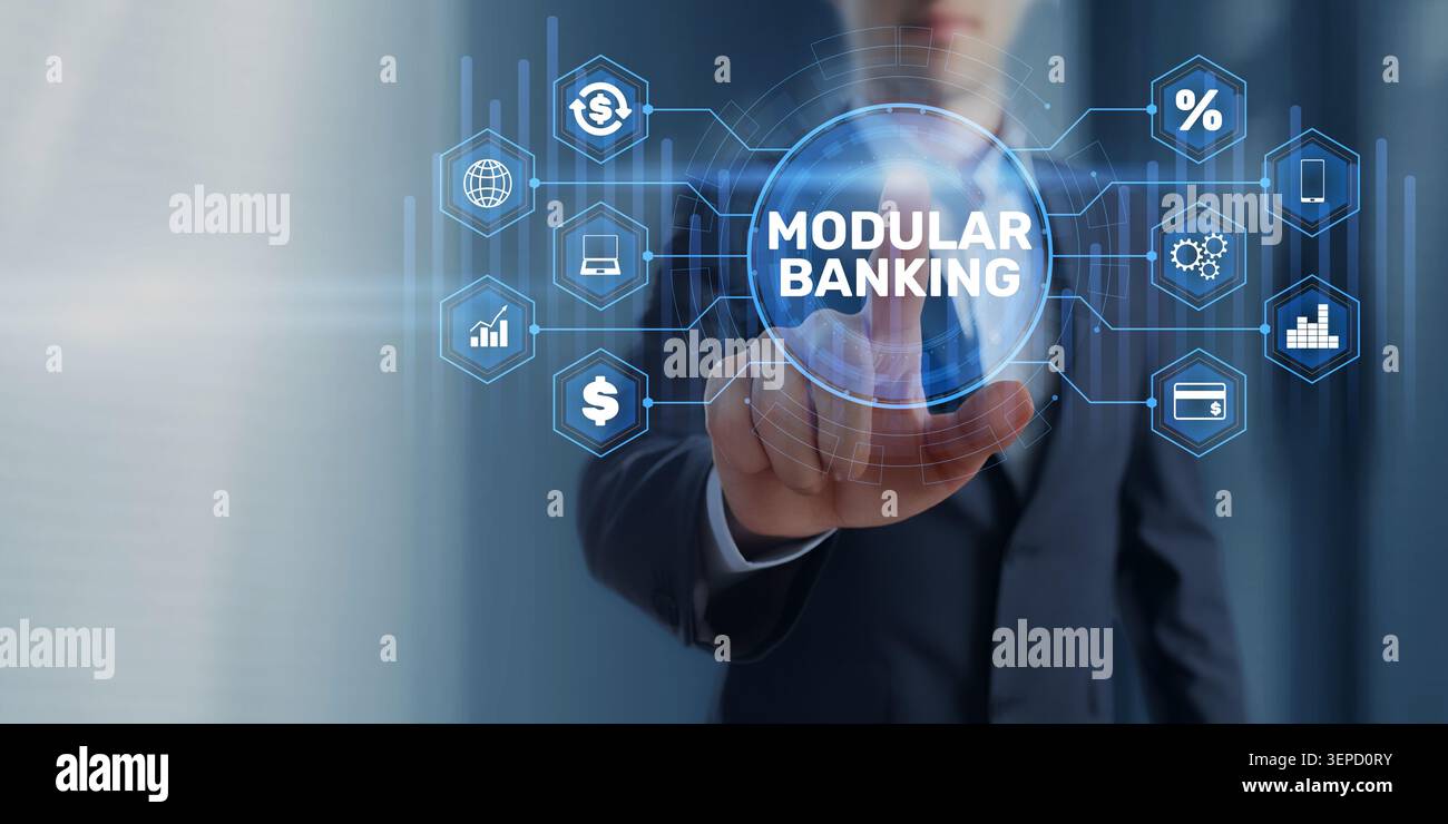 Modular banking platform for financial services and digital banking solutions with interactive interface elements Stock Photo