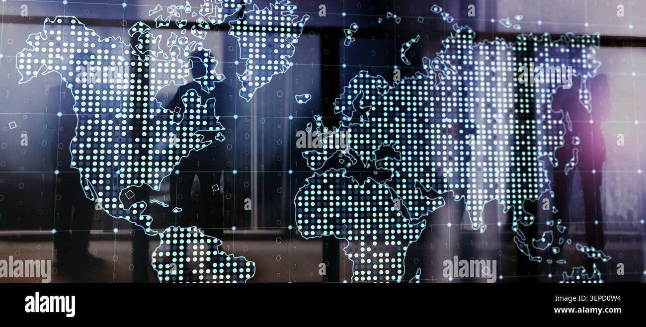 Global data visualization system for business analytics with digital map and network grid Stock Photo