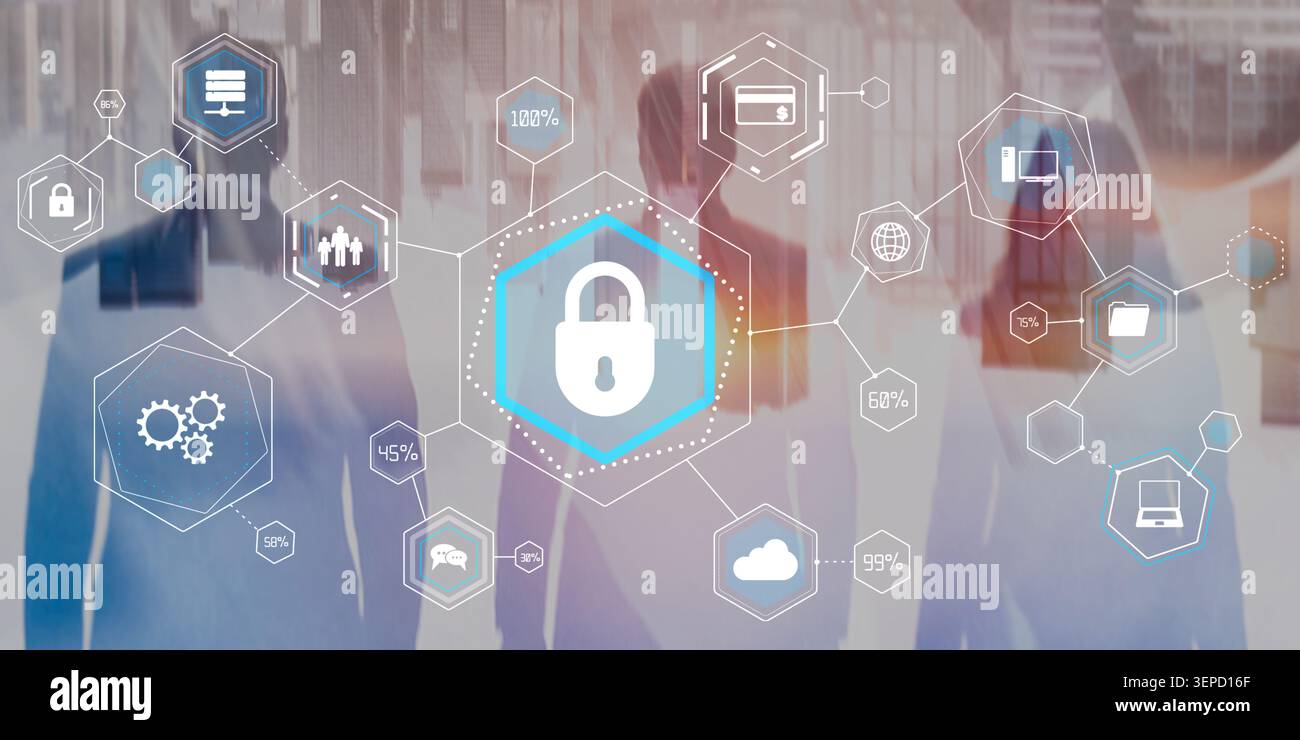 Cybersecurity risk management system for enterprise data protection and regulatory compliance with secure access and cloud elements Stock Photo