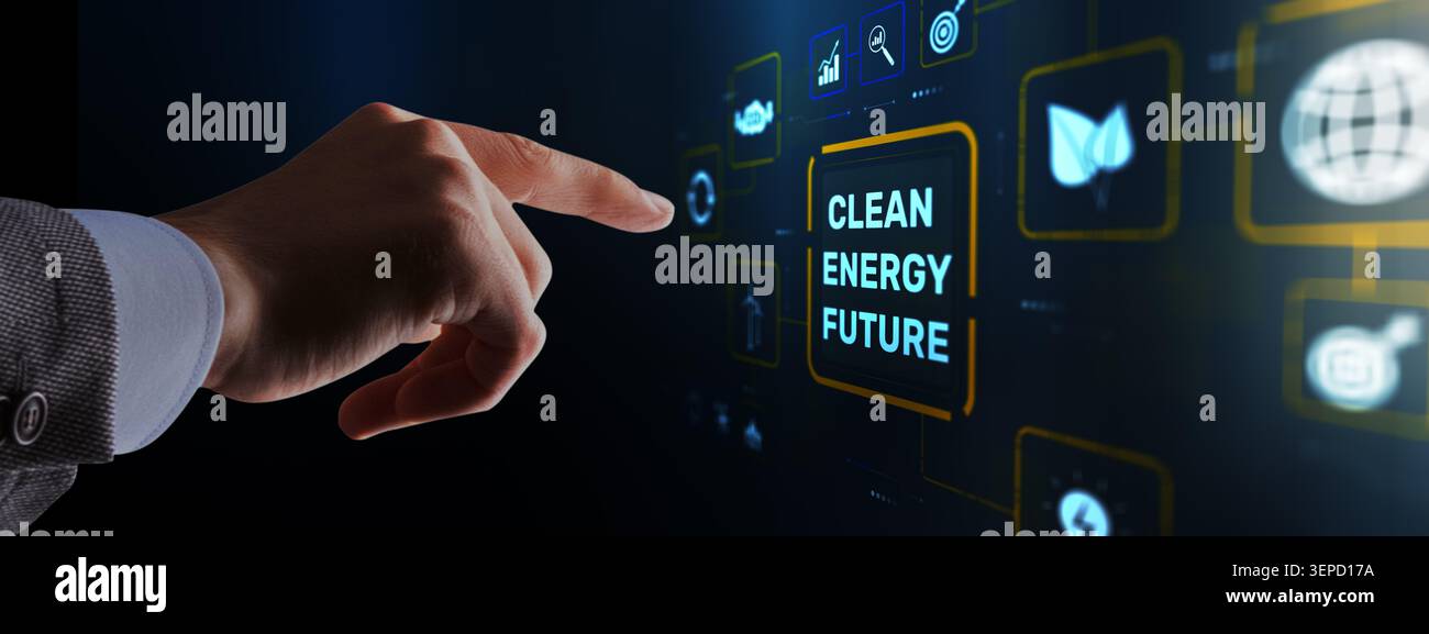 Clean energy future concept for sustainable development with human hand interacting on digital interface Stock Photo