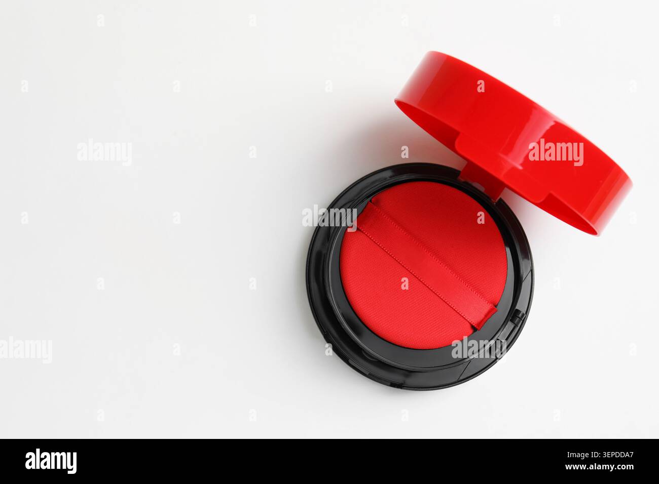 Cushion foundation on white background, top view. Space for text Stock Photo