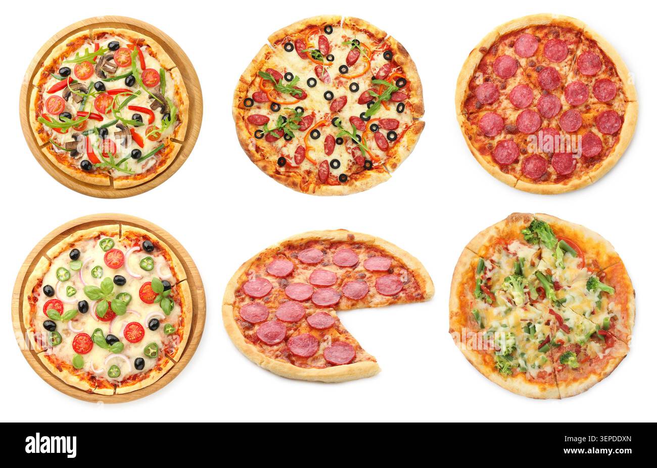 Different delicious pizzas isolated on white, set Stock Photo