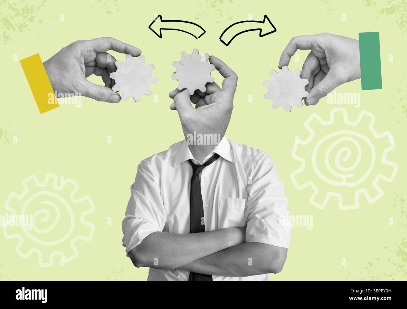 Businessman surrounded by hands holding gears for workflow delegation. Stock Photo