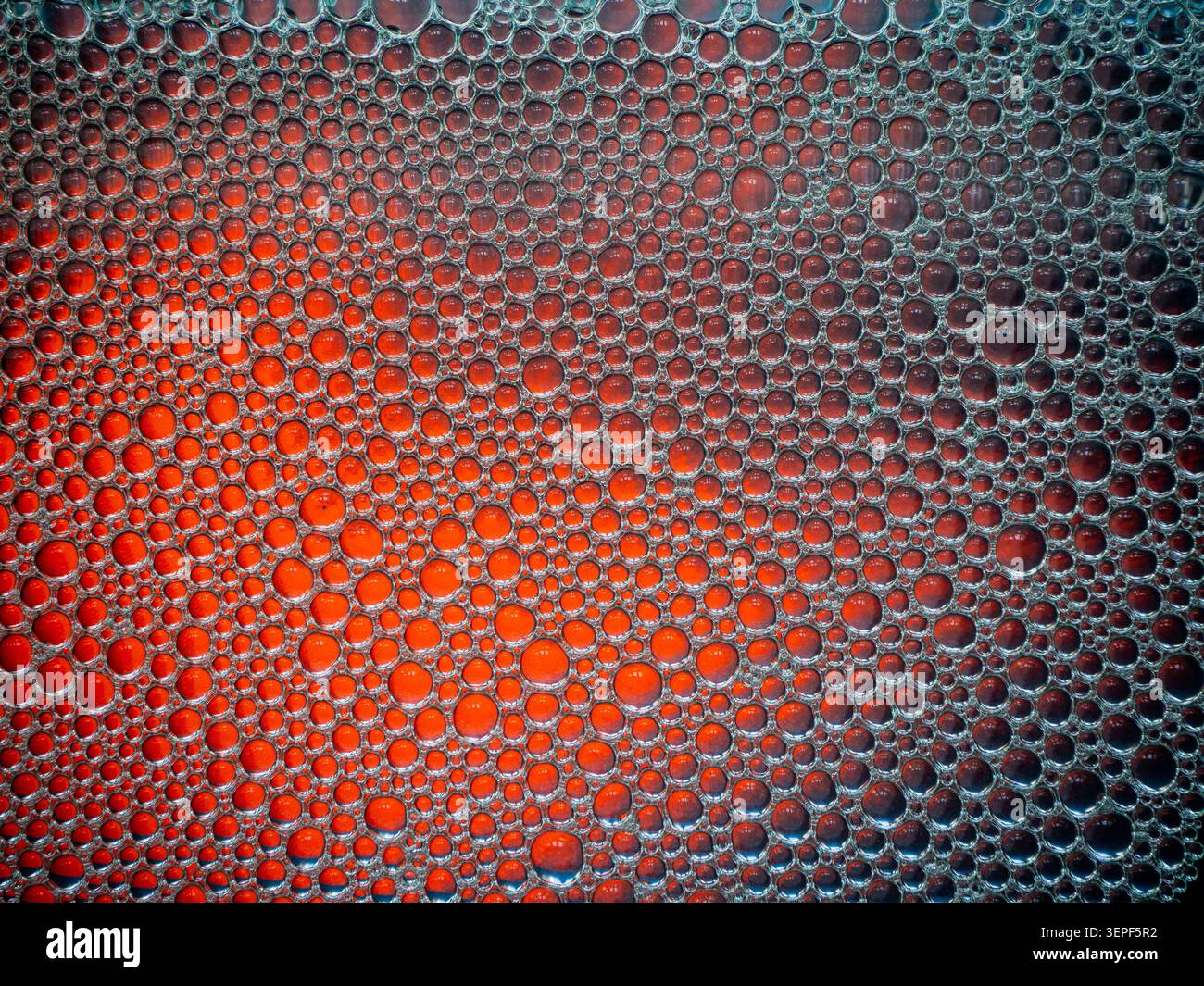 Red liquid underlying a intricate pattern of foamy soap bubbles Stock Photo