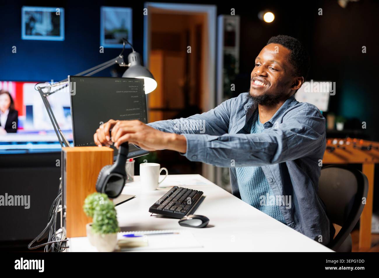 Systems manager developing computer commands for servers and coding in programming language while technical expert typing binary code in HTML terminal window, improves database cybersecurity. Stock Photo